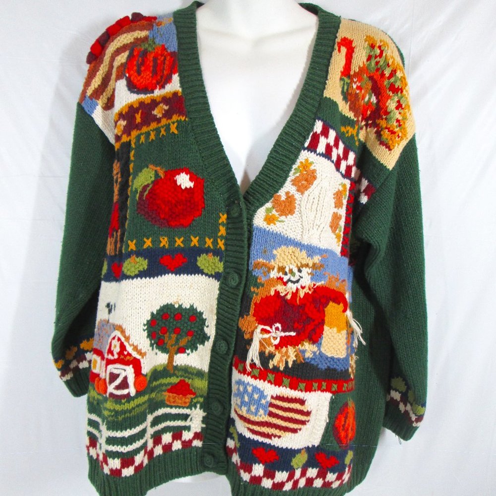 Tiara International Cardigan Sweater Medium Green Fall Halloween Thanksgiving